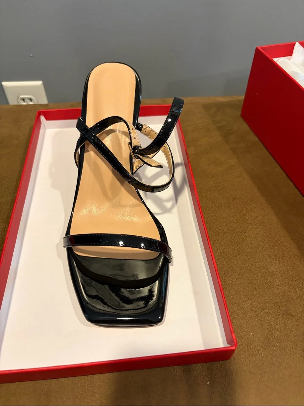 Women’s Strappy Square-Toe Sandal/Heel 3”, in Black Patent Leather - NEVER WORN